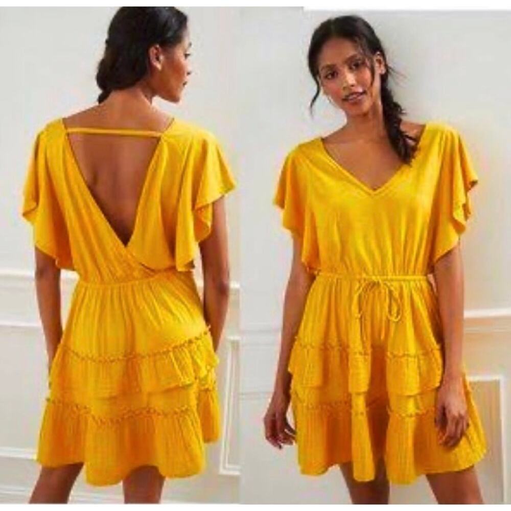 Anthropologie Daily Practice Flowy Yellow Dress Low Back Flutter Sleeves Layered